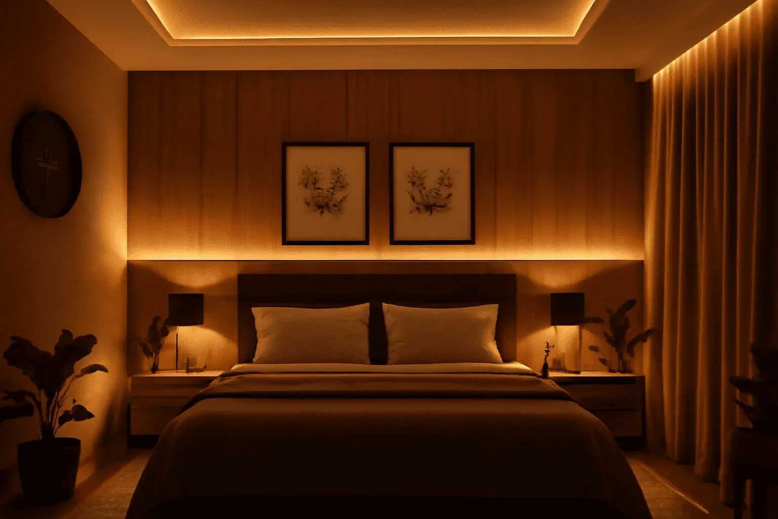 A bedroom with warm, dimmed lighting designed to promote melatonin production before sleep